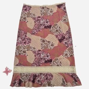 Y2k Pink and brown boho floral patchwork midi skirt